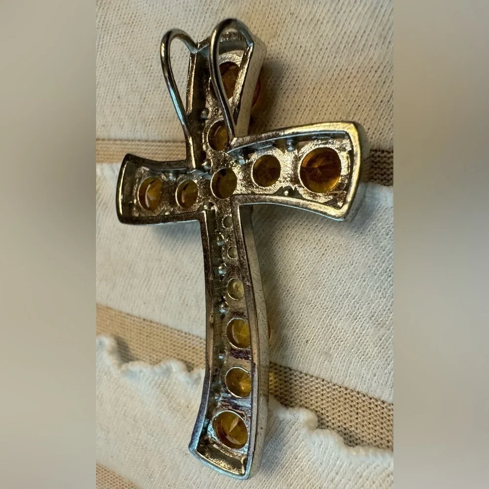 Sterling Silver Cross Necklace Pendant Charm Citrine Stones November Birtbstone